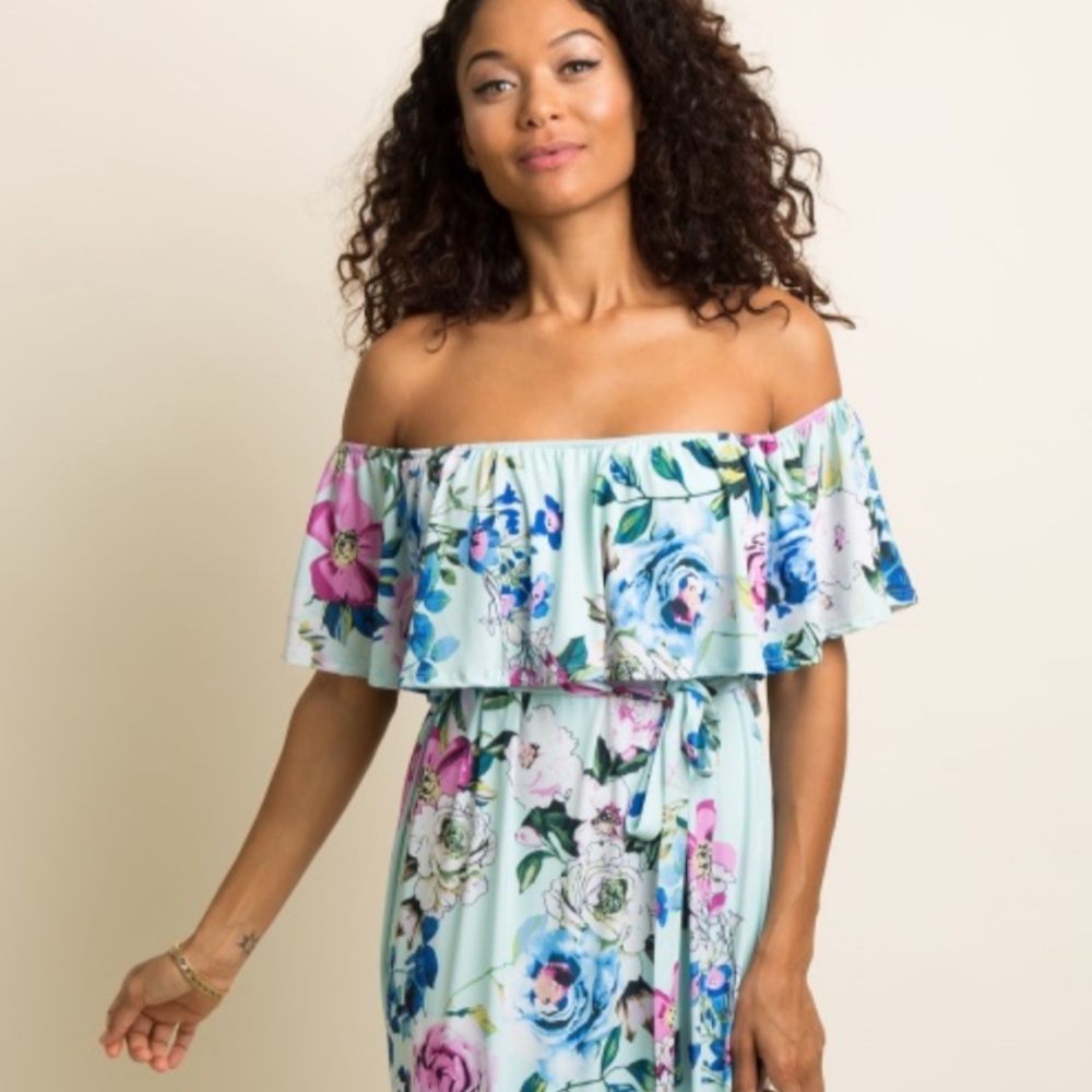 Pinkblush mint floral off-shoulder maxi dress (M)